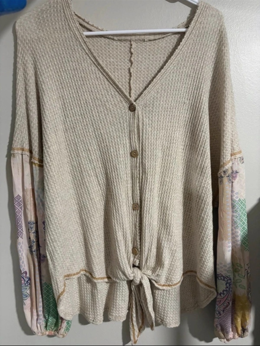 Cream Waffle-Knit Tie-Front Cardigan with Printed Sleeve Panels